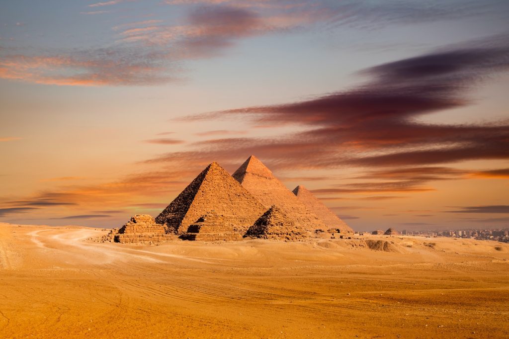 Sunset view of Pyramid complex of Giza, in Cairo, Egypt